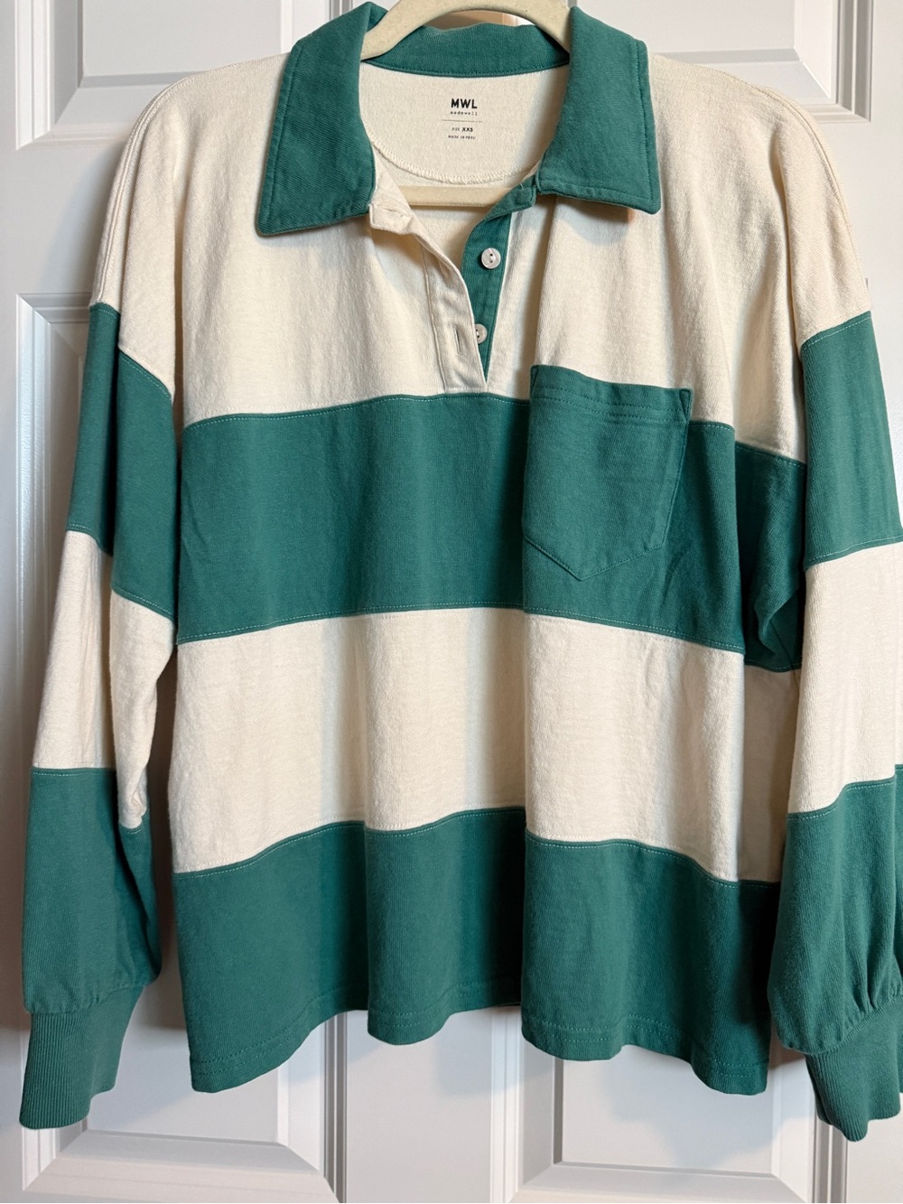 Madewell Green and Cream Striped Rugby Polo